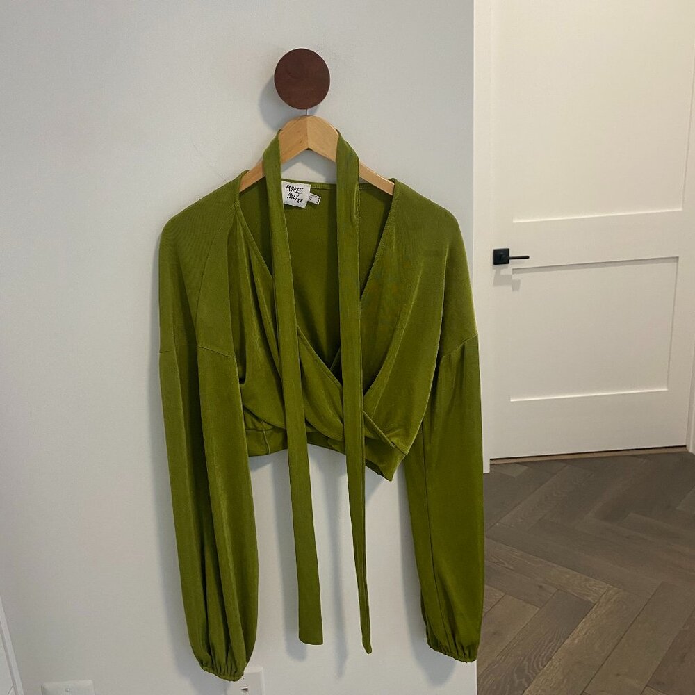 Princess Polly avocado green long sleeve belted crop top